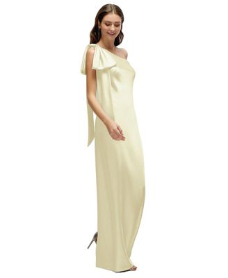 Women's One-Shoulder Bias-Cut Satin Maxi Dress with Cascading Shoulder Bow