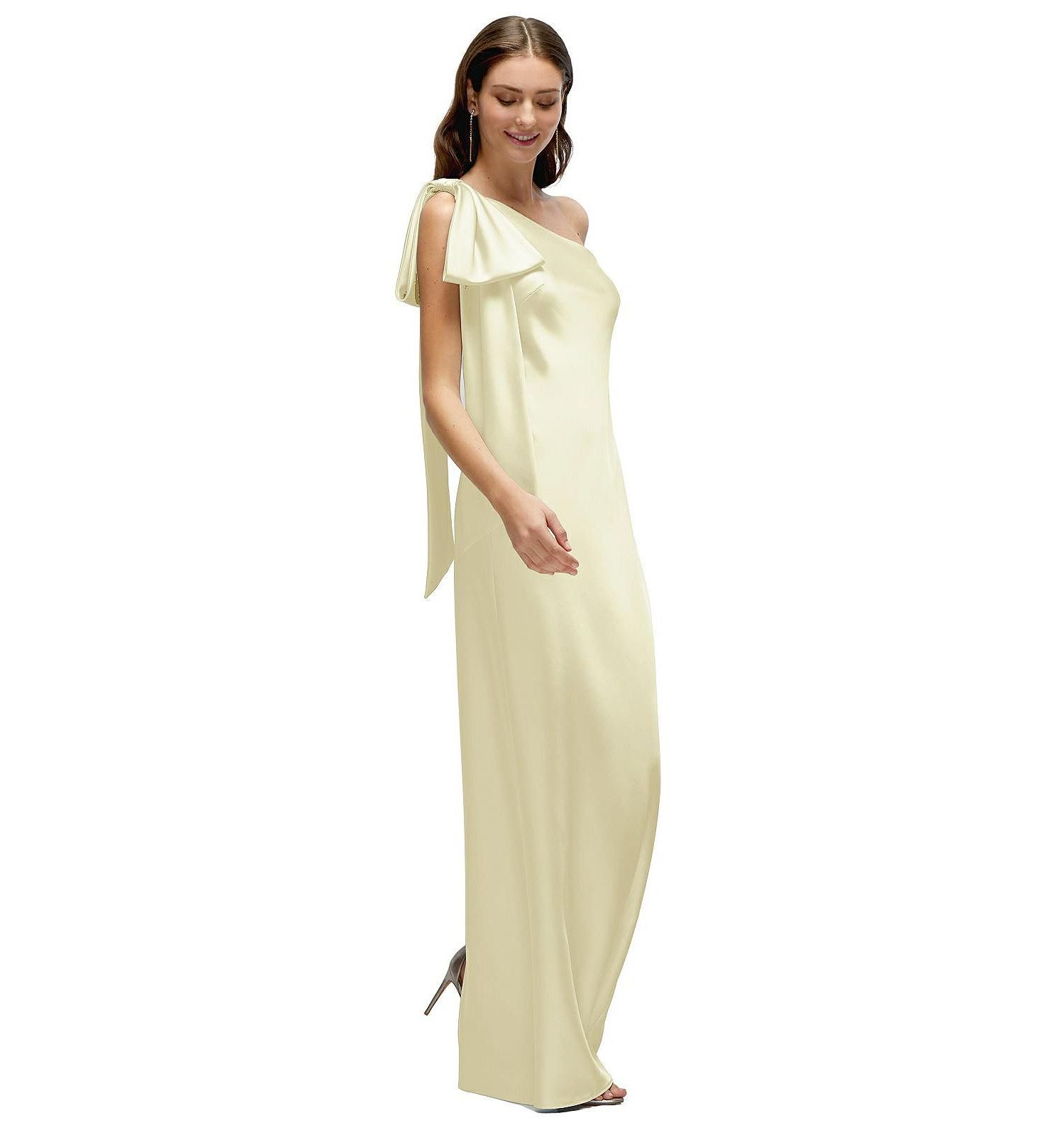 Women's One-Shoulder Bias-Cut Satin Maxi Dress with Cascading Shoulder Bow