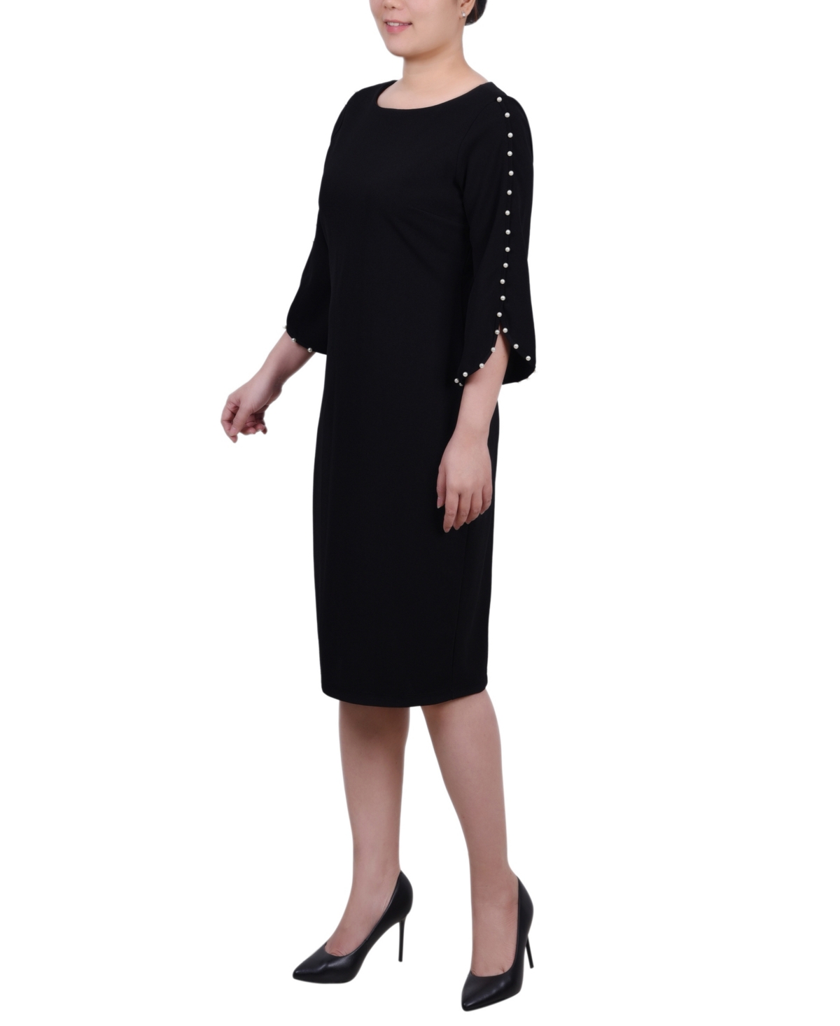 Ny Collection Petite 3/4 Cultivated Pearl-detail Petal Sleeve Dress In Black