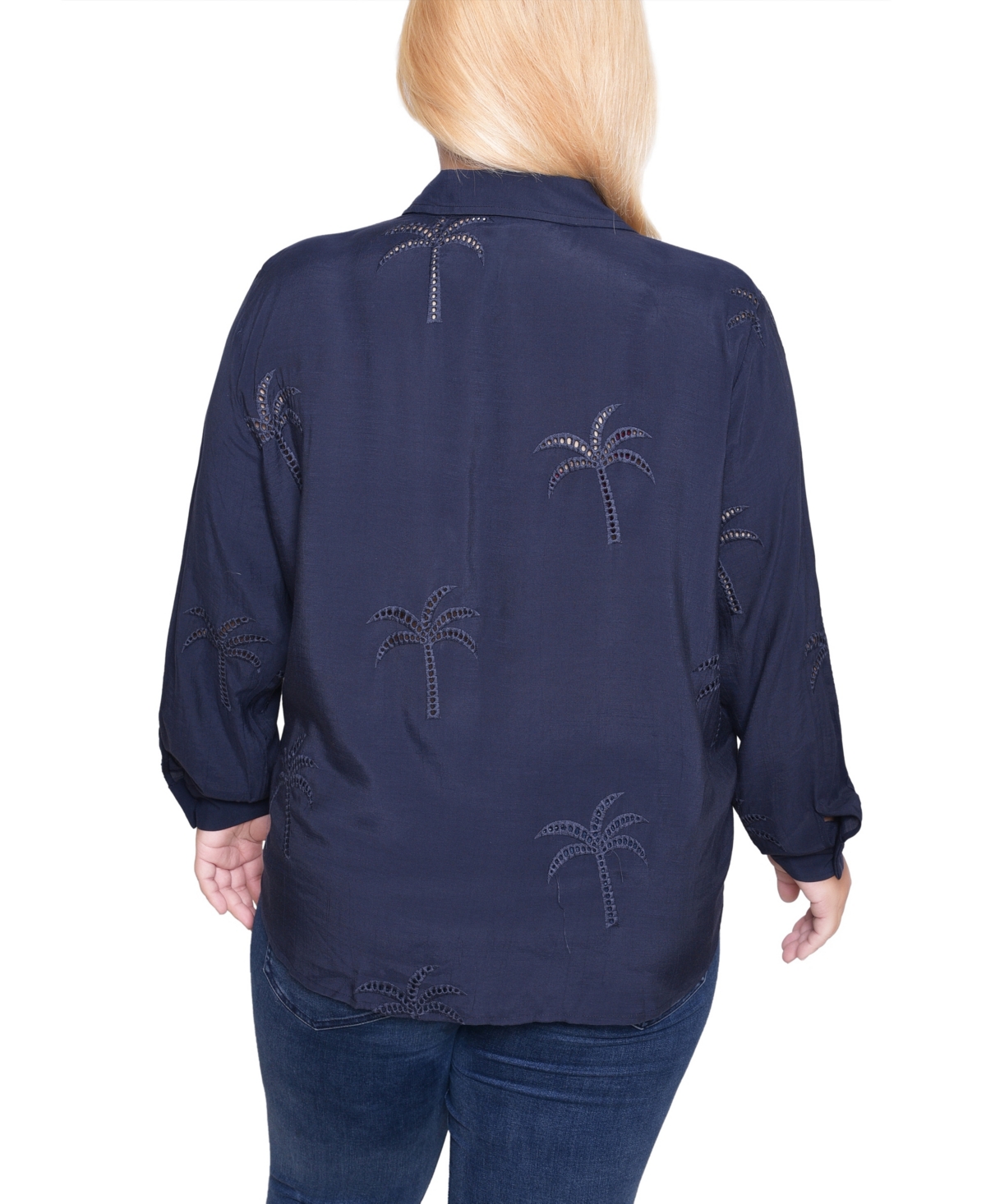 Ny Collection Plus Size Long Sleeve Palm Tree Blouse Top In Blue