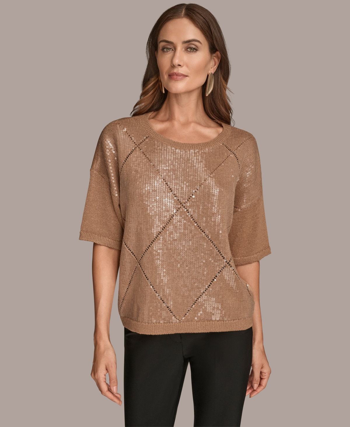 Donna Karan New York Short Sleeve Sequin Sweater In Brown