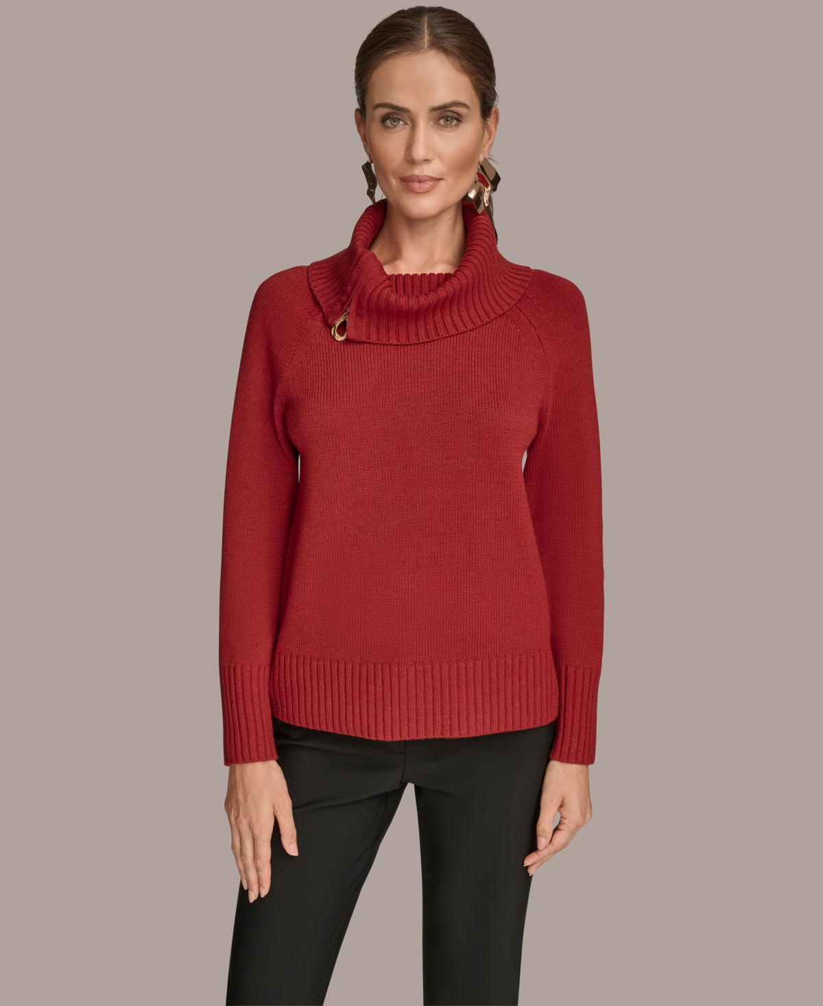Donna Karan New York Asymmetric Zip Collar Sweater In Red