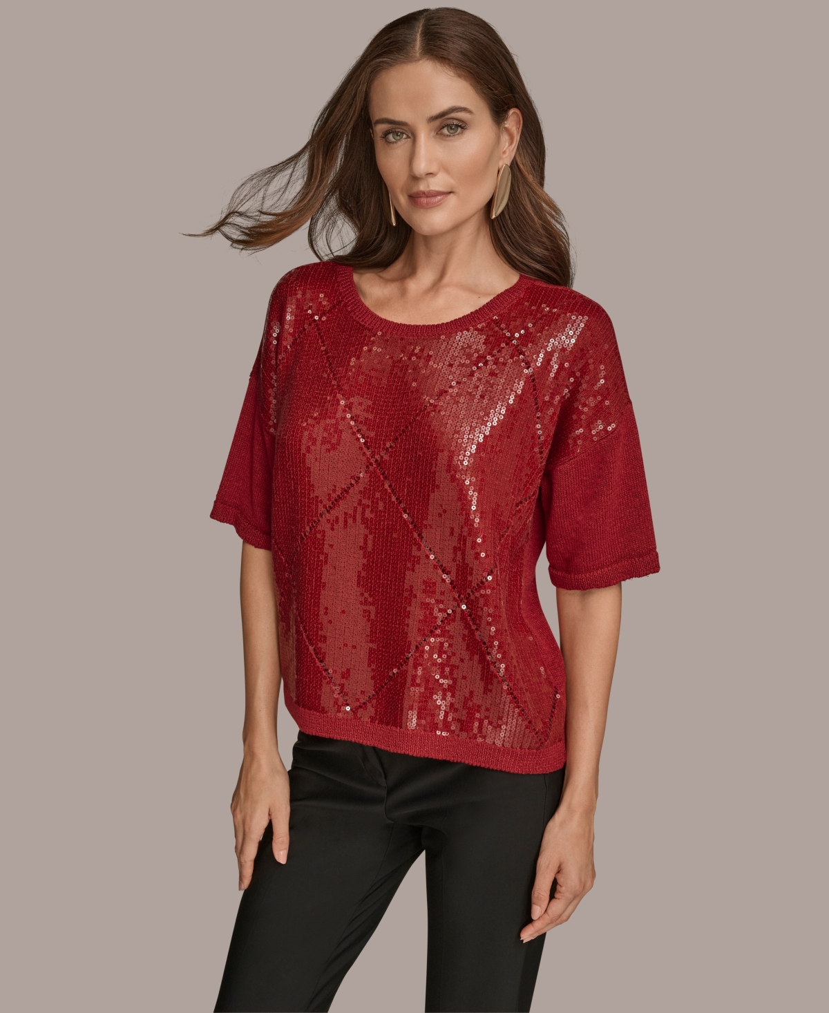 Donna Karan New York Short Sleeve Sequin Sweater In Red