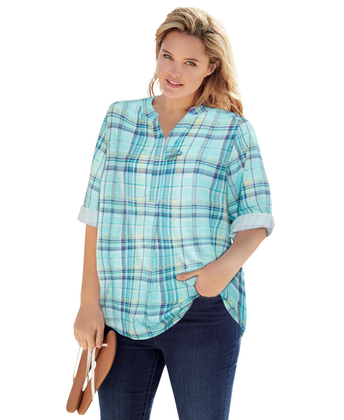 Woman Within Women's Plus Rayon 7-Day Three-Quarter Sleeve Tab-Front Tunic Top