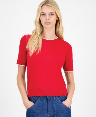Women's Scallop-Trim Short Sleeve Crewneck Sweater