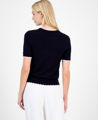 Women's Scallop-Trim Short Sleeve Crewneck Sweater
