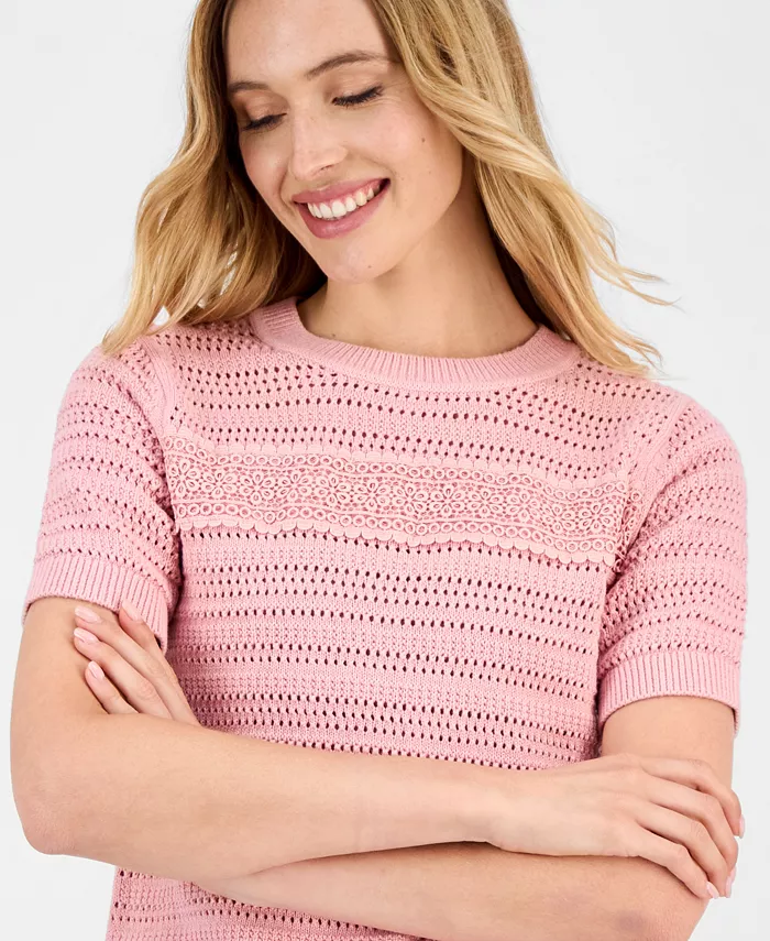 Nautica Women's Cotton Lace-Front Short-Sleeve Sweater - thumbnail 3