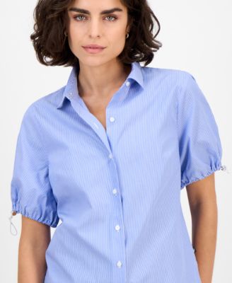 Women's Striped Bungee-Sleeve Camp Shirt