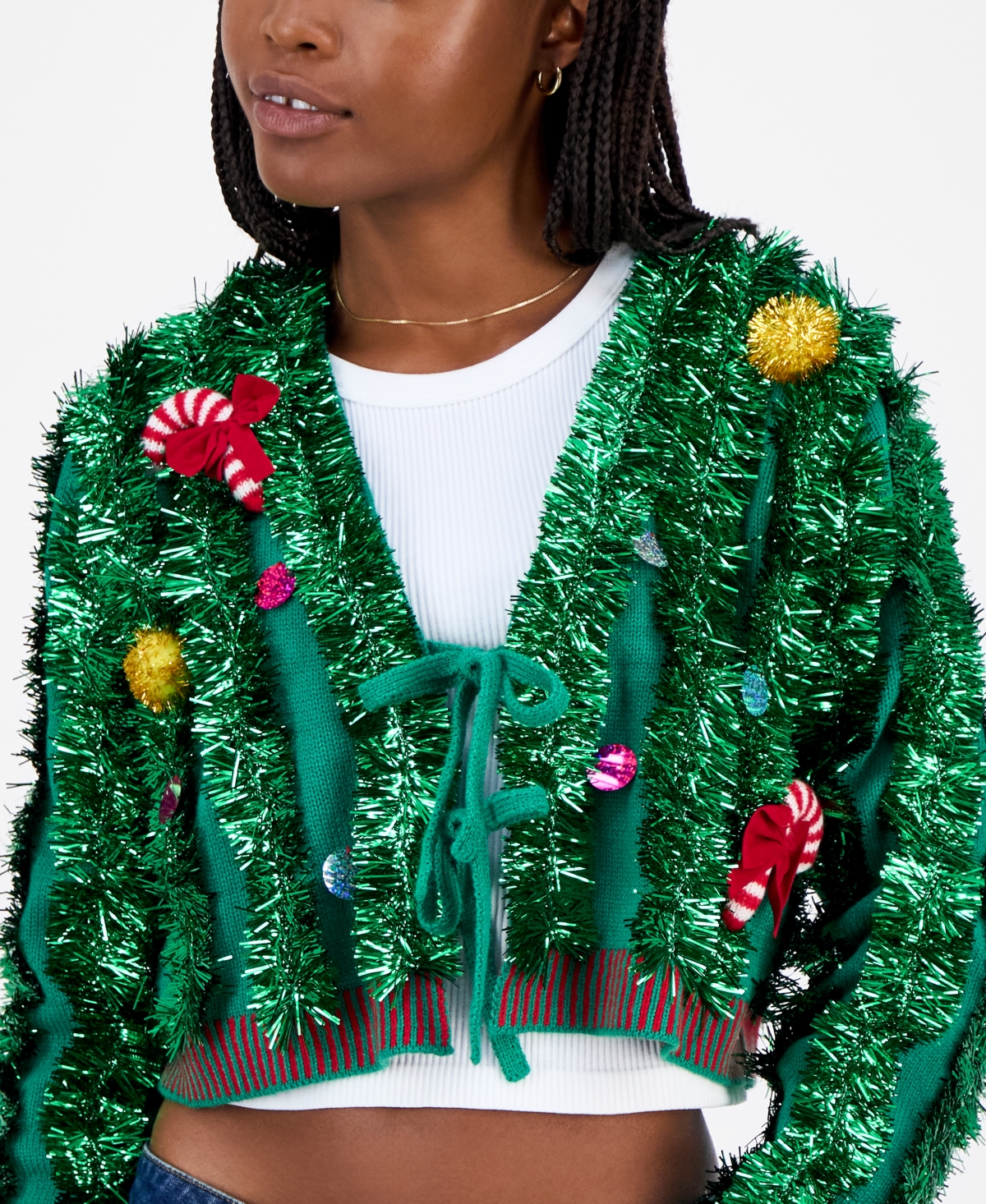 Hooked Up By Iot Juniors' Tinsel Cardigan Sweater In Green