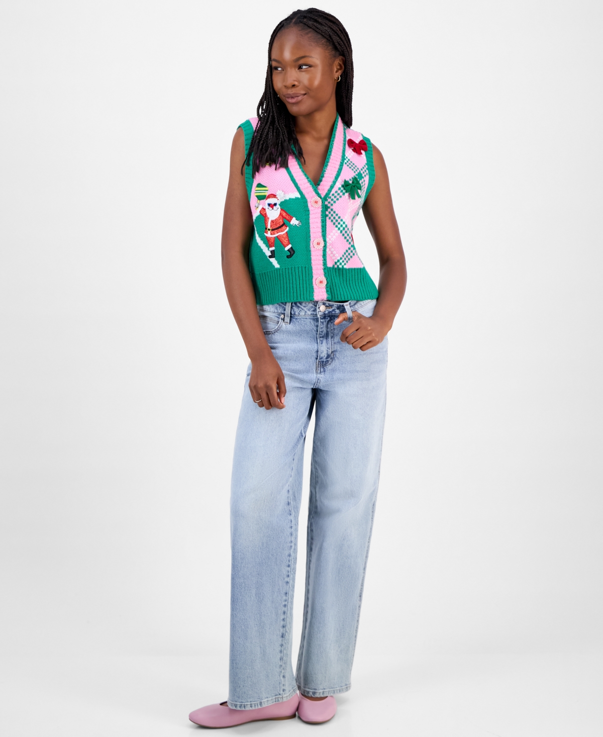 Hooked Up By Iot Juniors' Santa Pickleball Sleeveless Sweater Vest In Multi