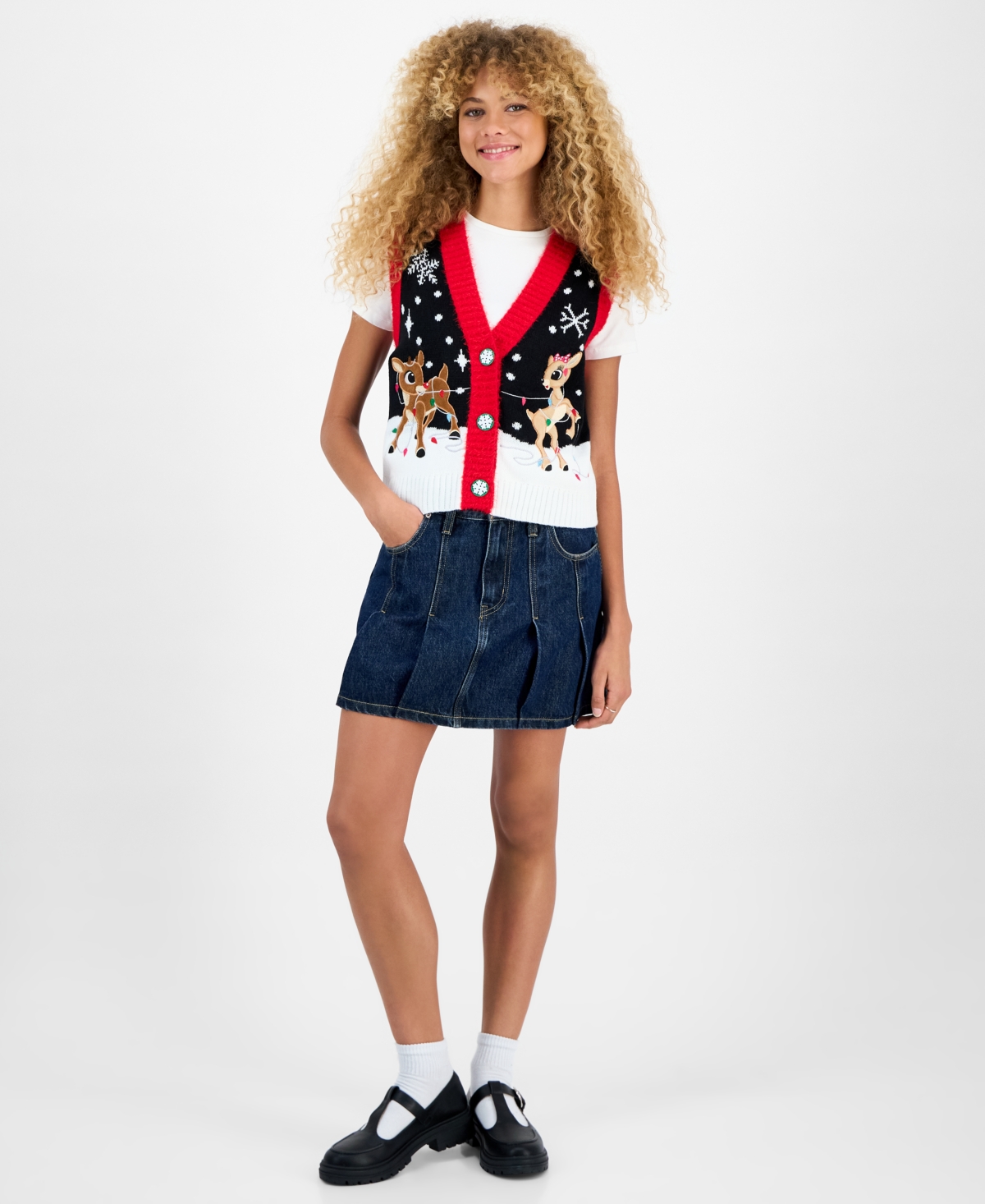 Hooked Up By Iot Juniors' Rudolph Sleeveless Holiday Sweater Vest In Multi