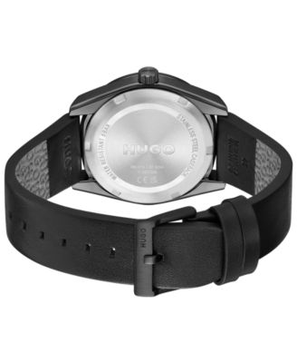 Men's Bright Sport Quartz Multifunction Black Calfskin Watch, 42mm