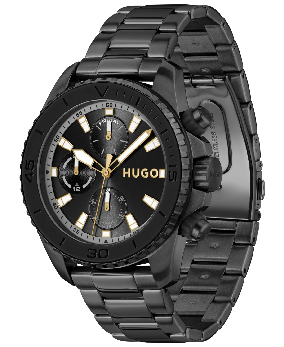 Hugo Boss Men's Dive Quartz Multifunction Ionic Plated Black Steel Watch, 44mm In Black