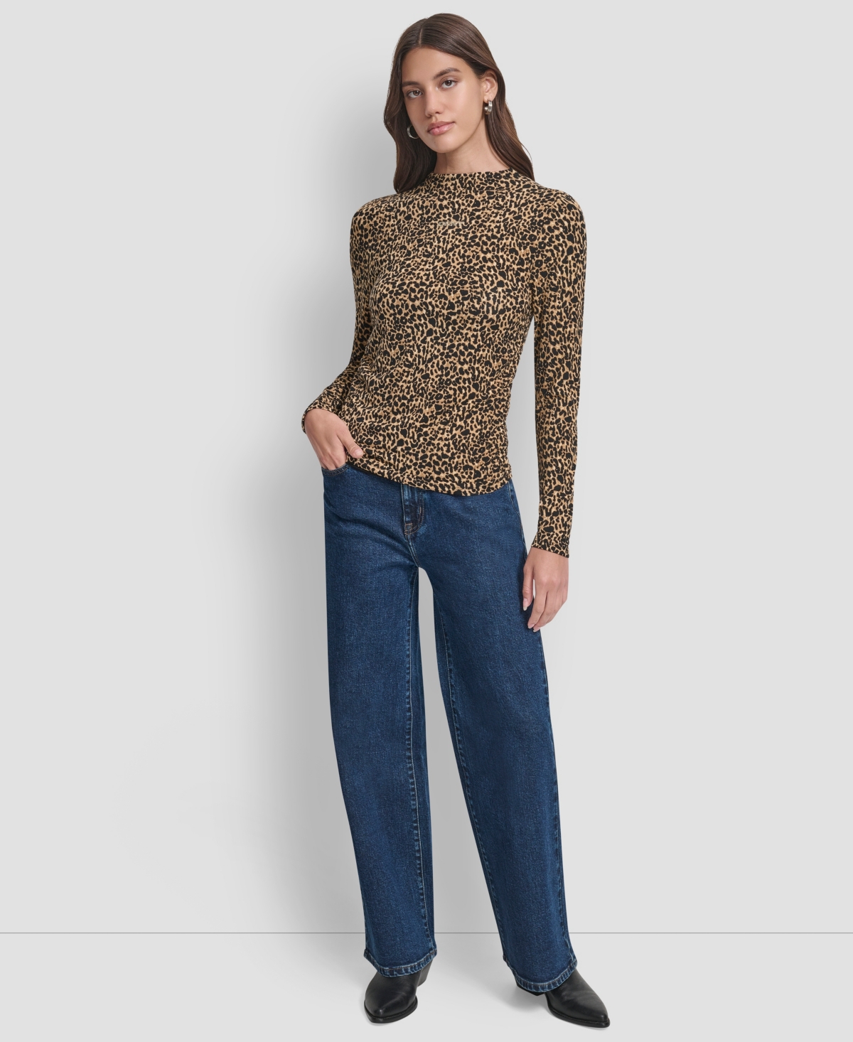 Dkny Jeans Petite Side Ruched Long Sleeves Top In Brown