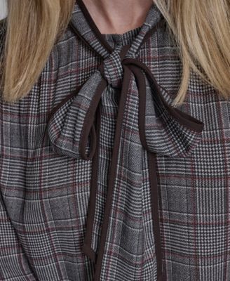 Women's Plaid Long Sleeve Tie Neck Top