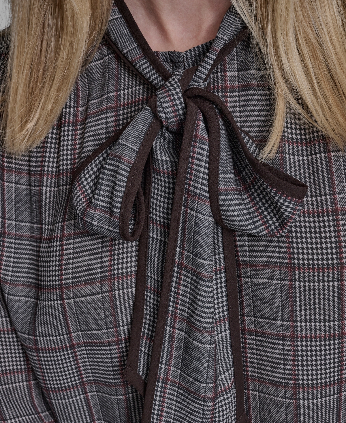 Bcbg Women's Plaid Long Sleeve Tie Neck Top In Gray