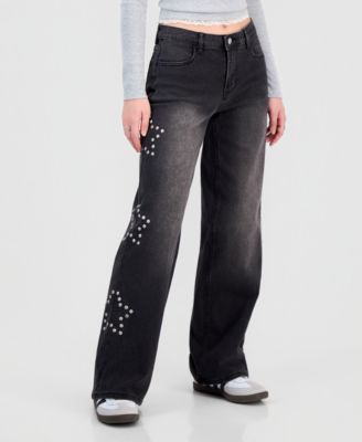 Juniors' 90s Wide-Leg Star Studded Jeans 