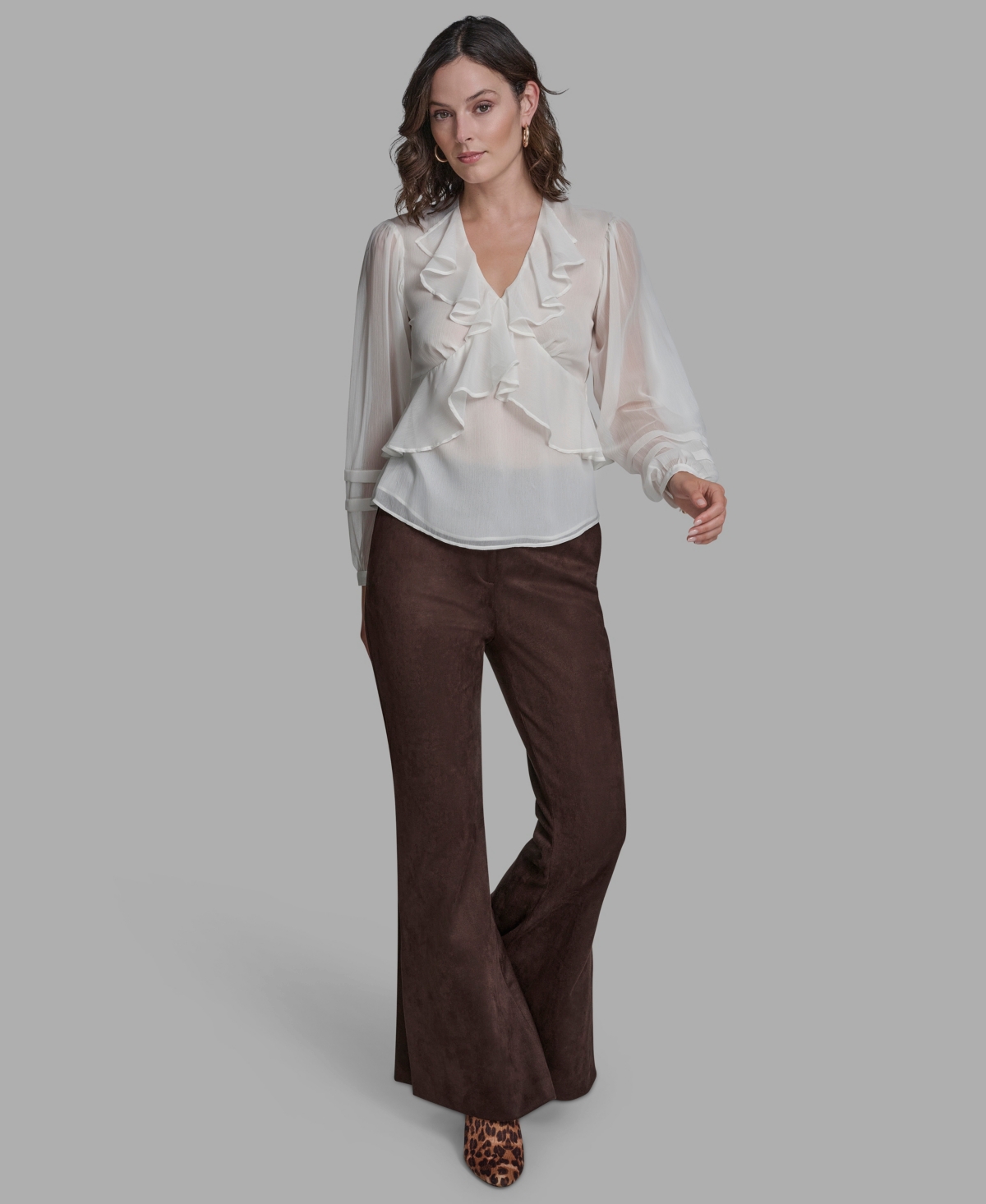 Bcbg Women's Long Sleeve Ruffle V-neck Blouse In Brown