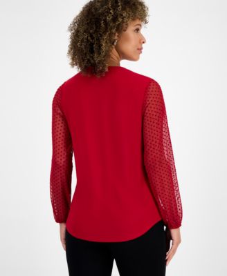 Women's Split-Neck Long-Dot-Sleeve Blouse, Regular & Petite