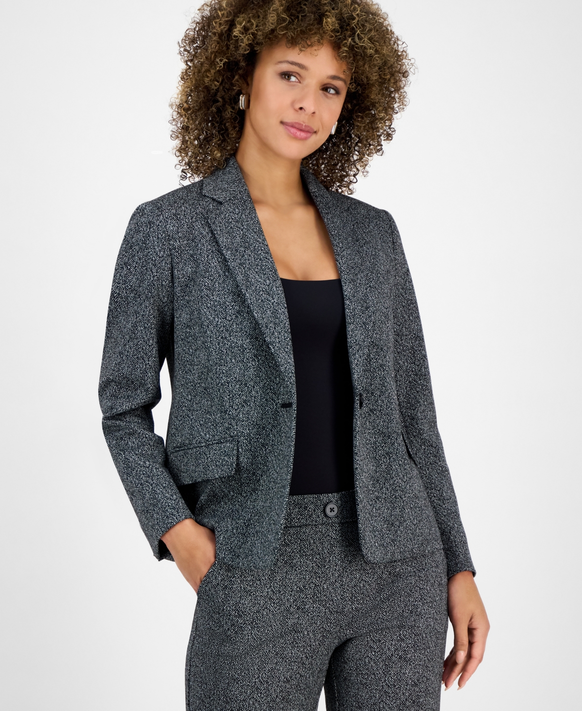 Kasper Petite Herringbone One-button Jacket In Gray