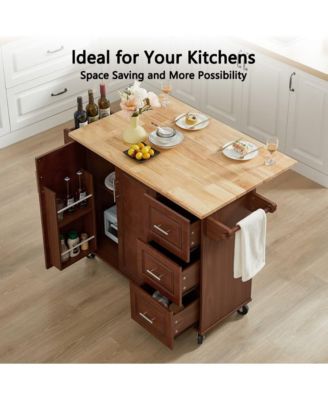 53.8" Rolling Kitchen Island with Drop Leaf, Storage Cabinet, 3 Drawers & Wood Top, Mobile Kitchen Cart on Wheels
