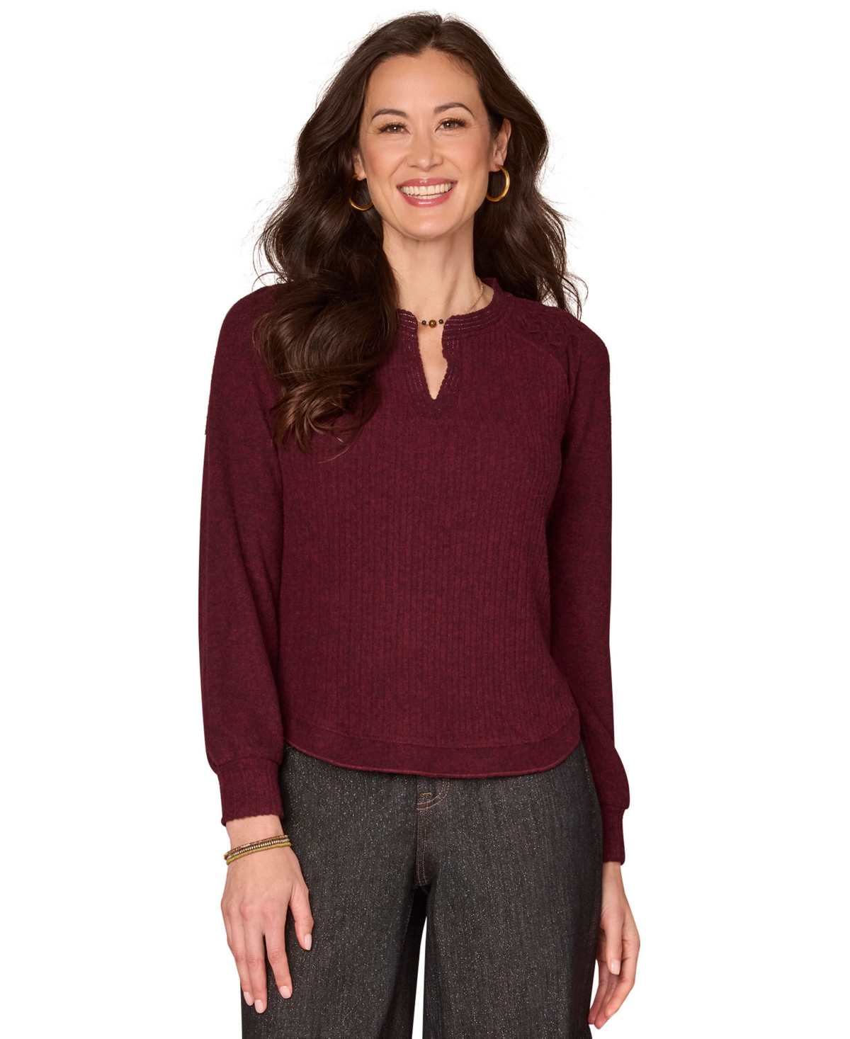 Democracy Women's Long Smocked Sleeve Top In Burgundy