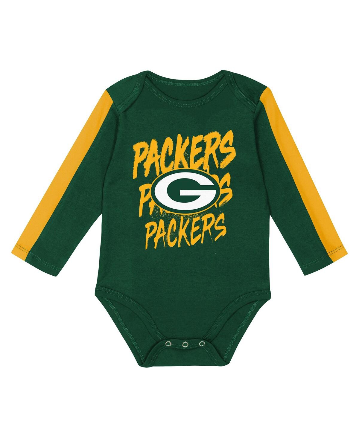 Outerstuff Baby Boys And Girls 3-piece Green/gold Green Bay Packers Double Down Creeper And Pants Set In Multi