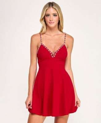Juniors' Beaded Fit and Flare Short Dress
