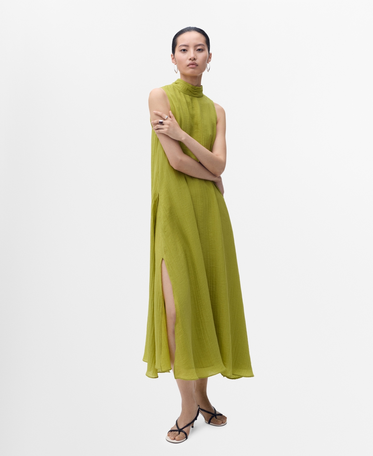 Mango Mock Neck Sleeveless Trapeze Dress In Green