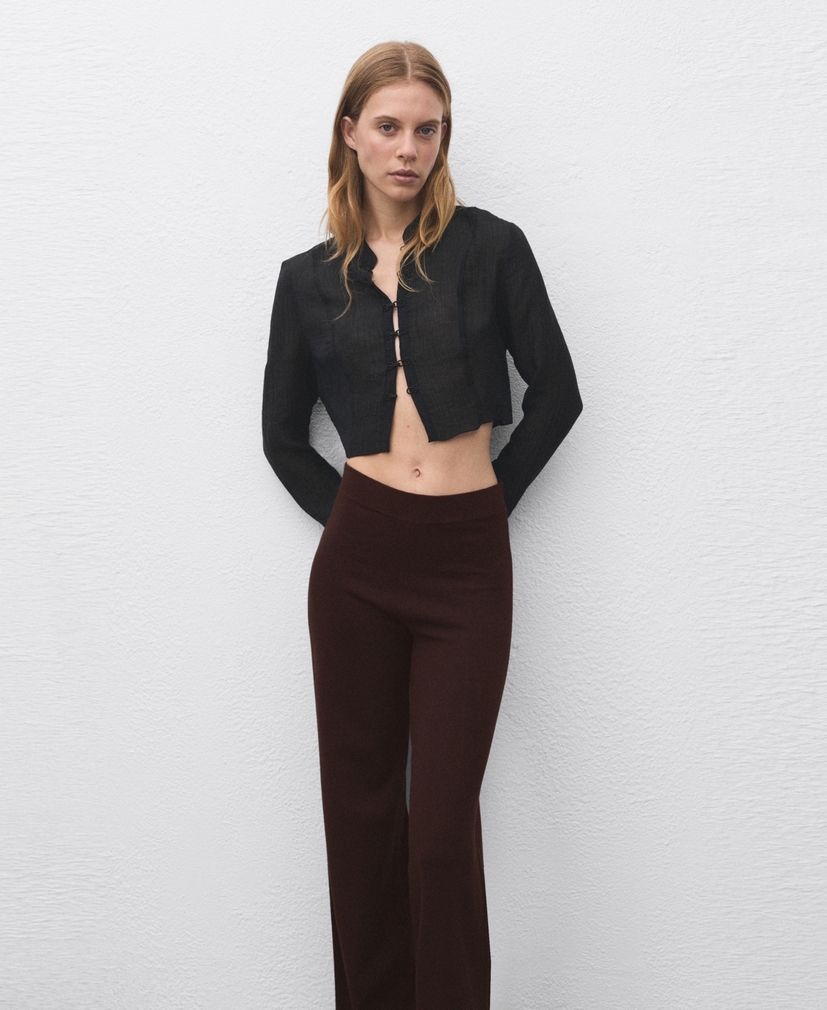 Mango High Waist Wide Leg Knit Pants In Burgundy