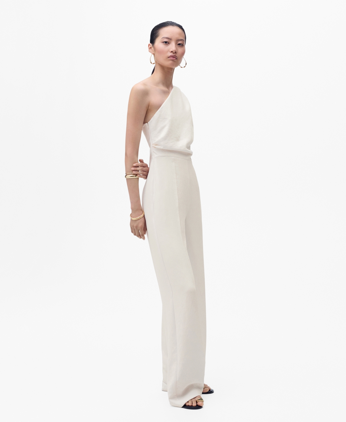Mango Women's Asymmetrical Neck Long Jumpsuit In White
