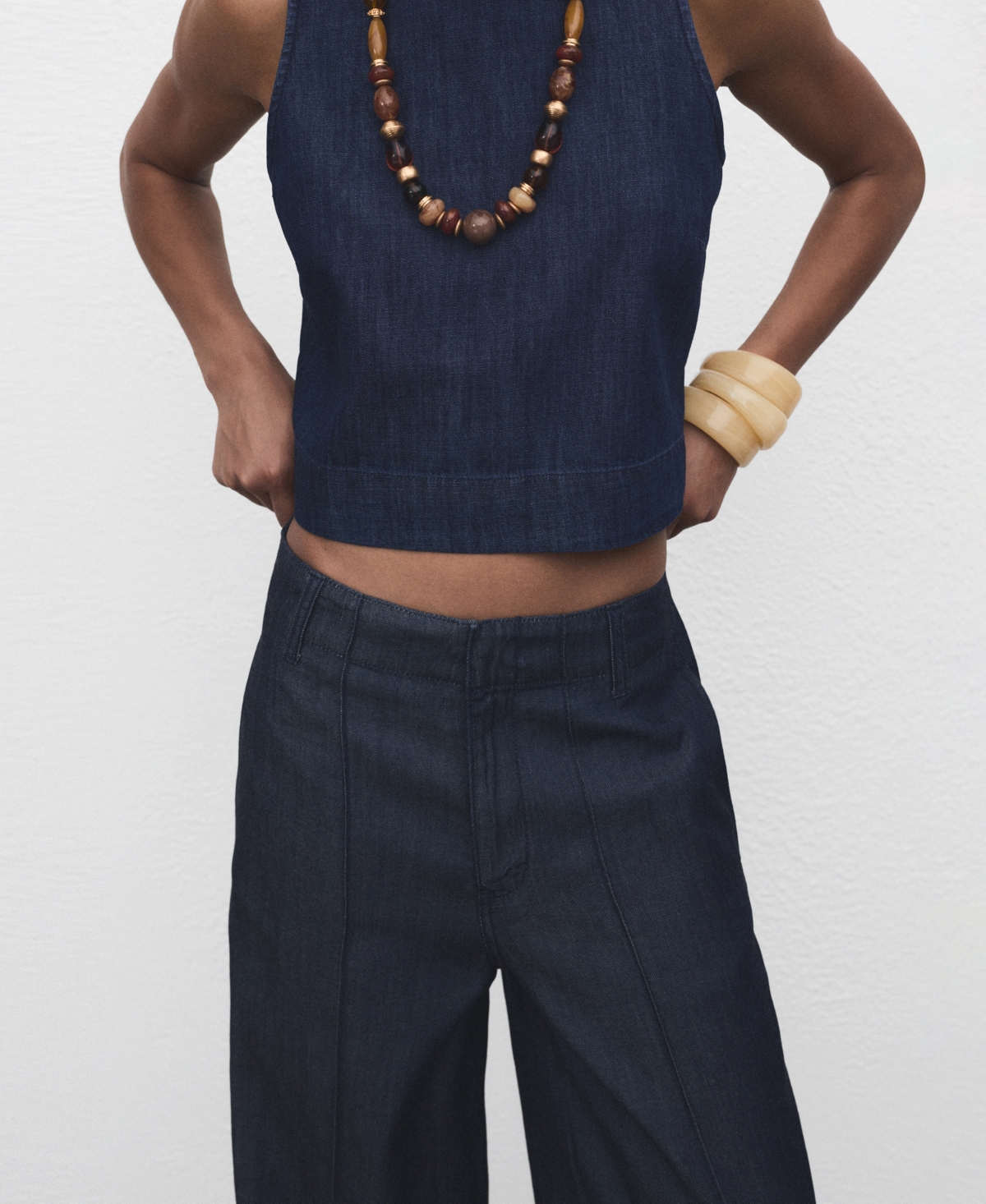 Mango Wide Leg Denim Pants With Stitching In Blue