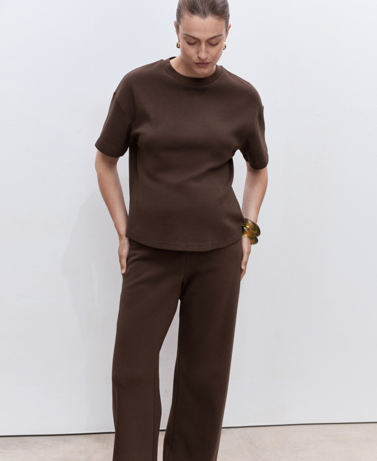 Mango Cotton Blend Wide Leg Maternity Pants In Brown