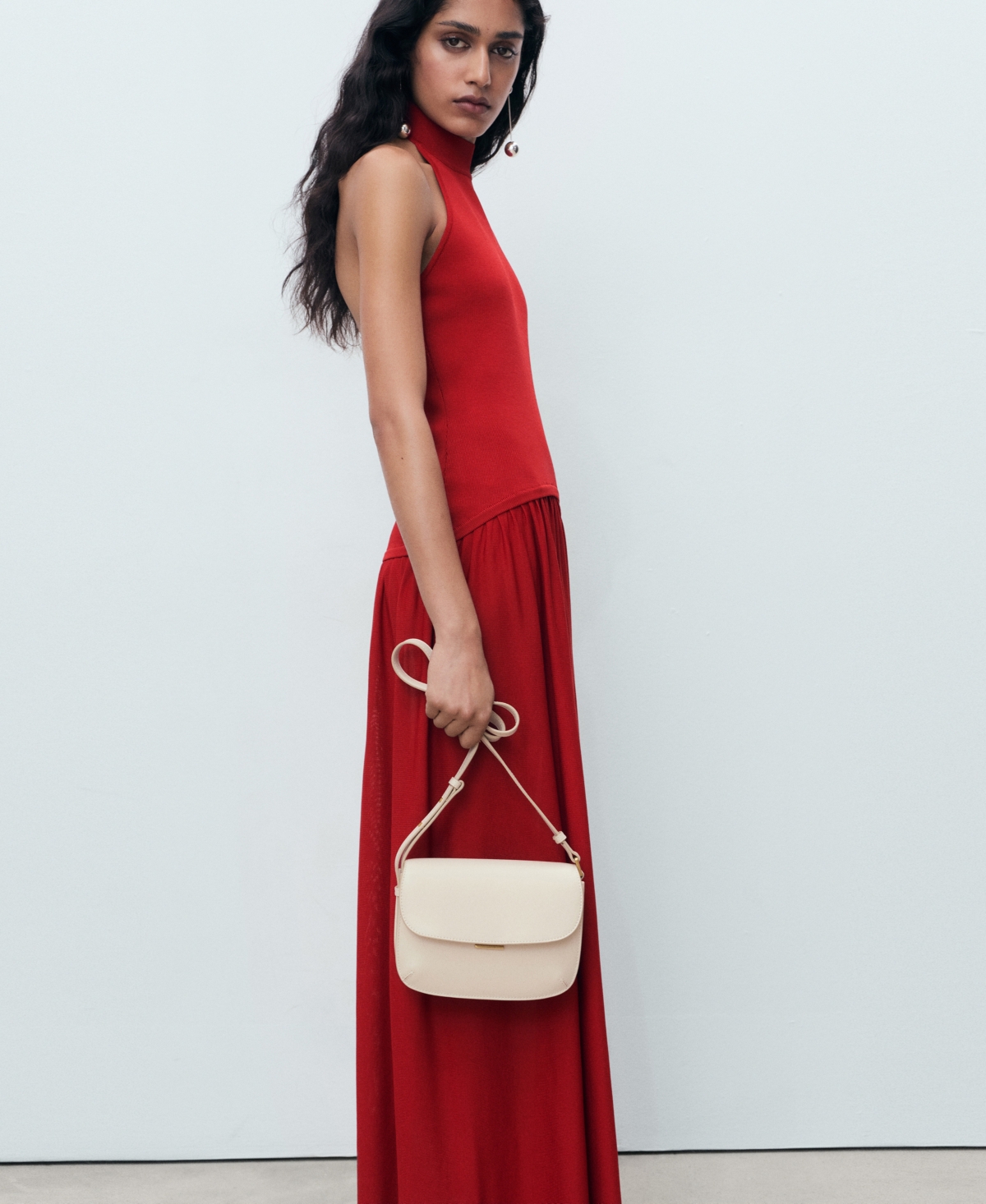 Mango Mixed Knit Halter Dress Red In Red