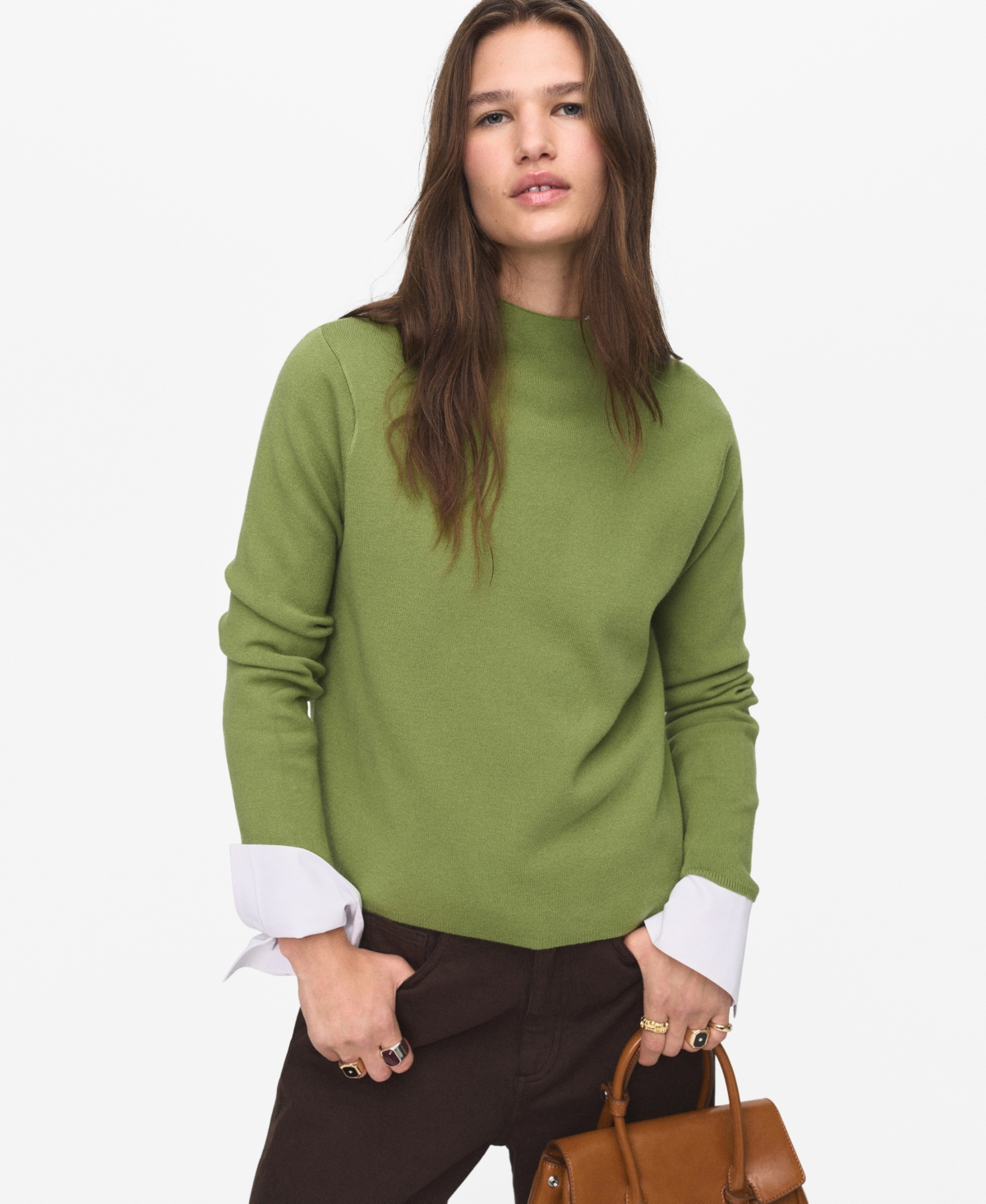 Mango Knitted Sweater With Perkins Neck In Green