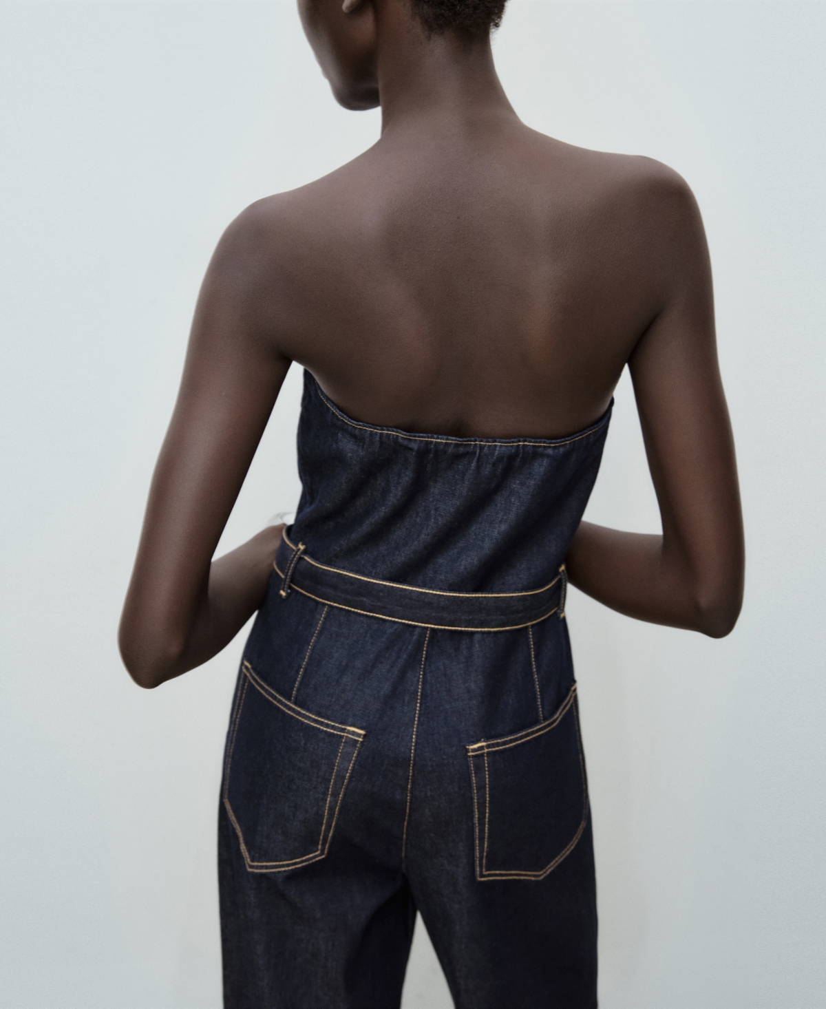 Mango Bandeau Belted Denim Jumpsuit In Blue
