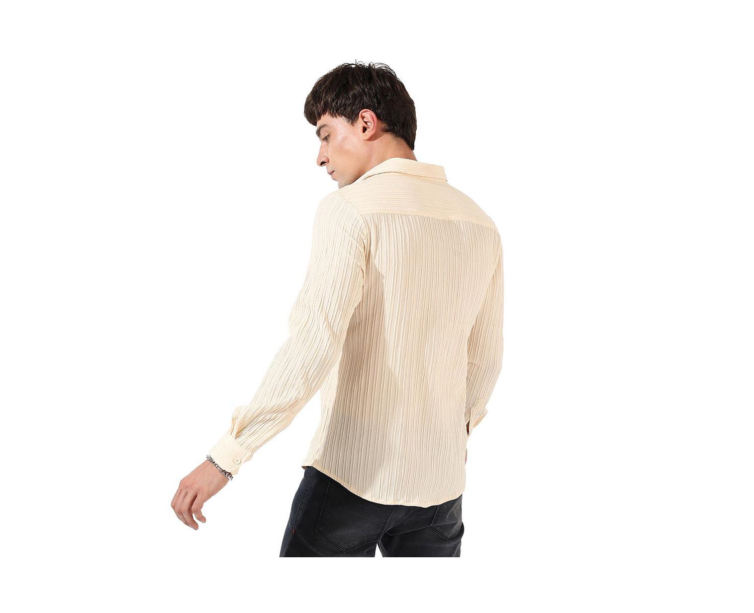 Men's Light Yellow Textured Regular Fit Casual Shirt