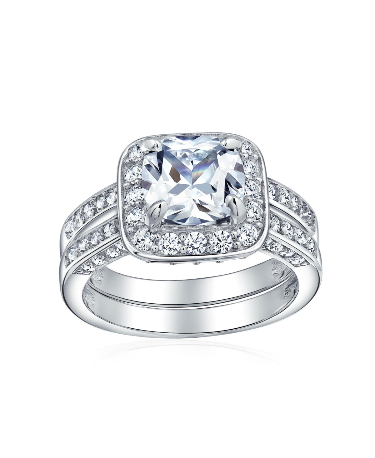 Bling Jewelry 2CT Cushion Cut Cz Promise Ring in Sterling Silver with Three-Sided Double Pave Band