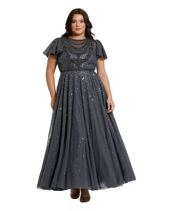 Women's Sheer Flutter Sleeve Beaded Fluffy Net Gown