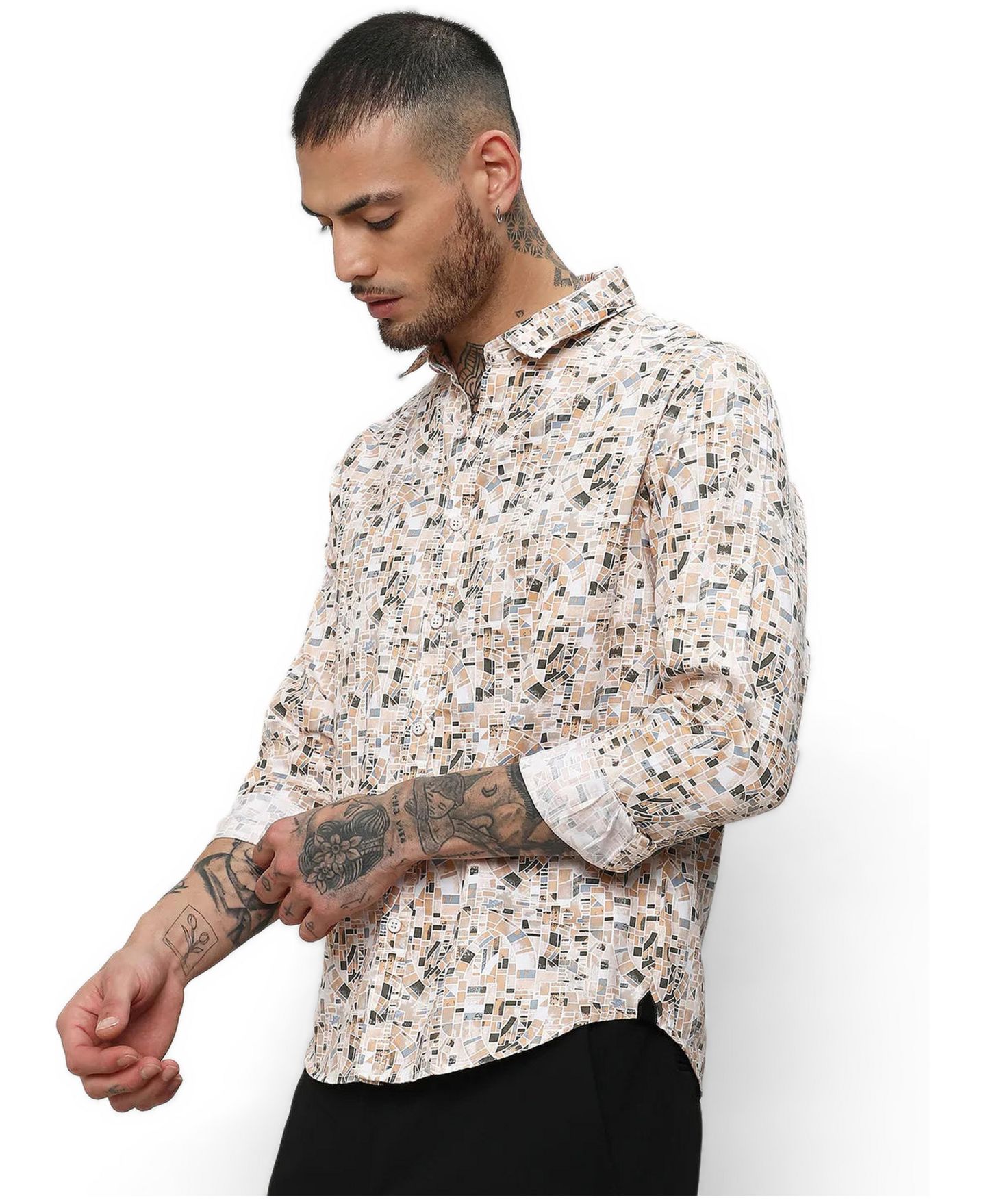Мужская рубашка Cahoot Campus Sutra Abstract Print Button Up Cotton, цвет: Бежевый / Хаки — фото 3