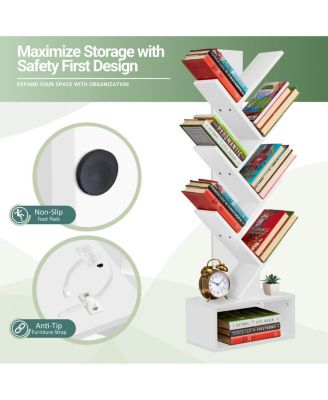 7-Tier Zigzag Tree Bookcase with Open Drawer for Books, Decor, and Accessories - Space-Saving Organizer Unit for Living Room, Bedroom, Office