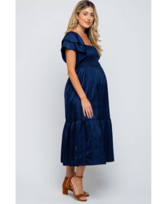 Maternity Forest Green Satin Flutter Sleeve Midi Dress