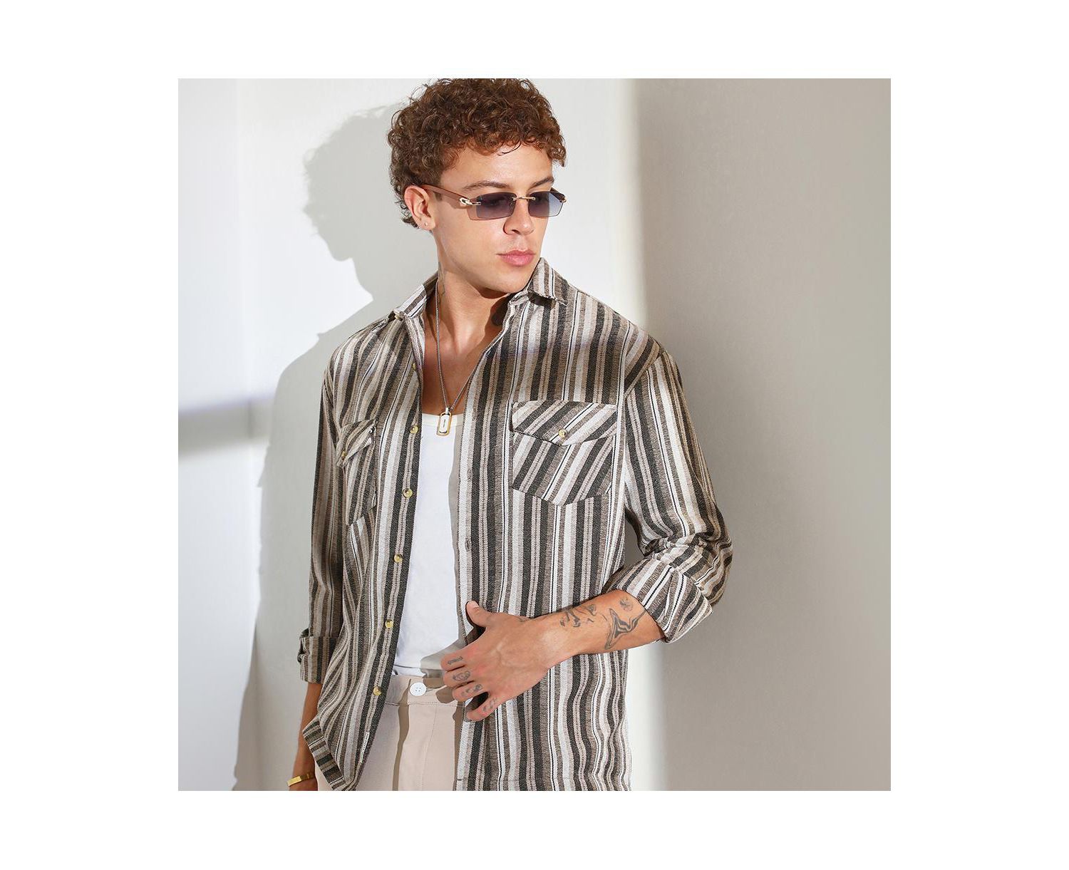 Men's Taupe Brown & Sepia Brown Multitrack Striped Oversized Shirt
