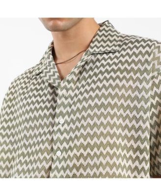 Men's Olive Green & Powder White Chevron-Striped Oversized Shirt