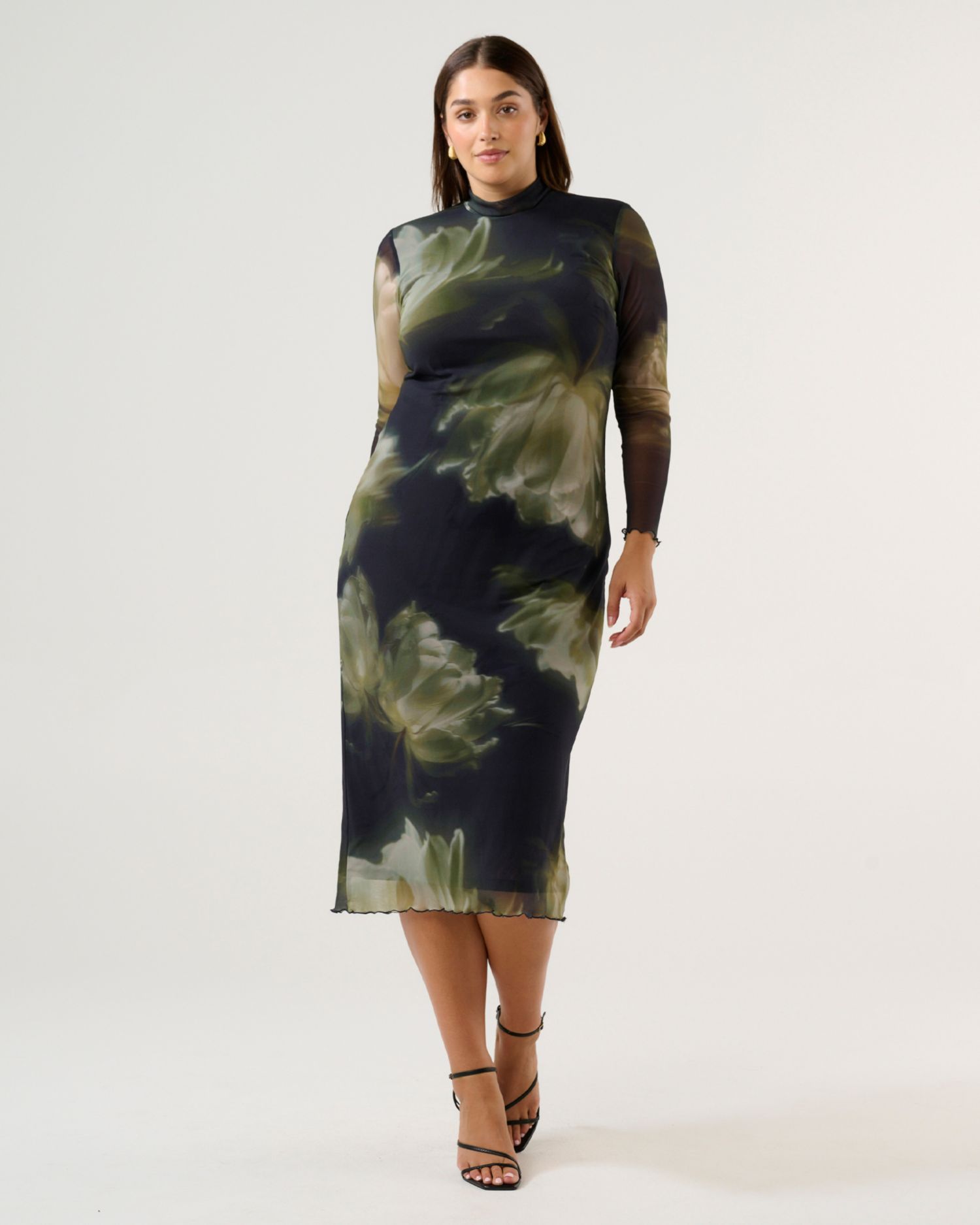 Women's Peace Lily Floral Bodycon Long Sleeve Mesh Dress