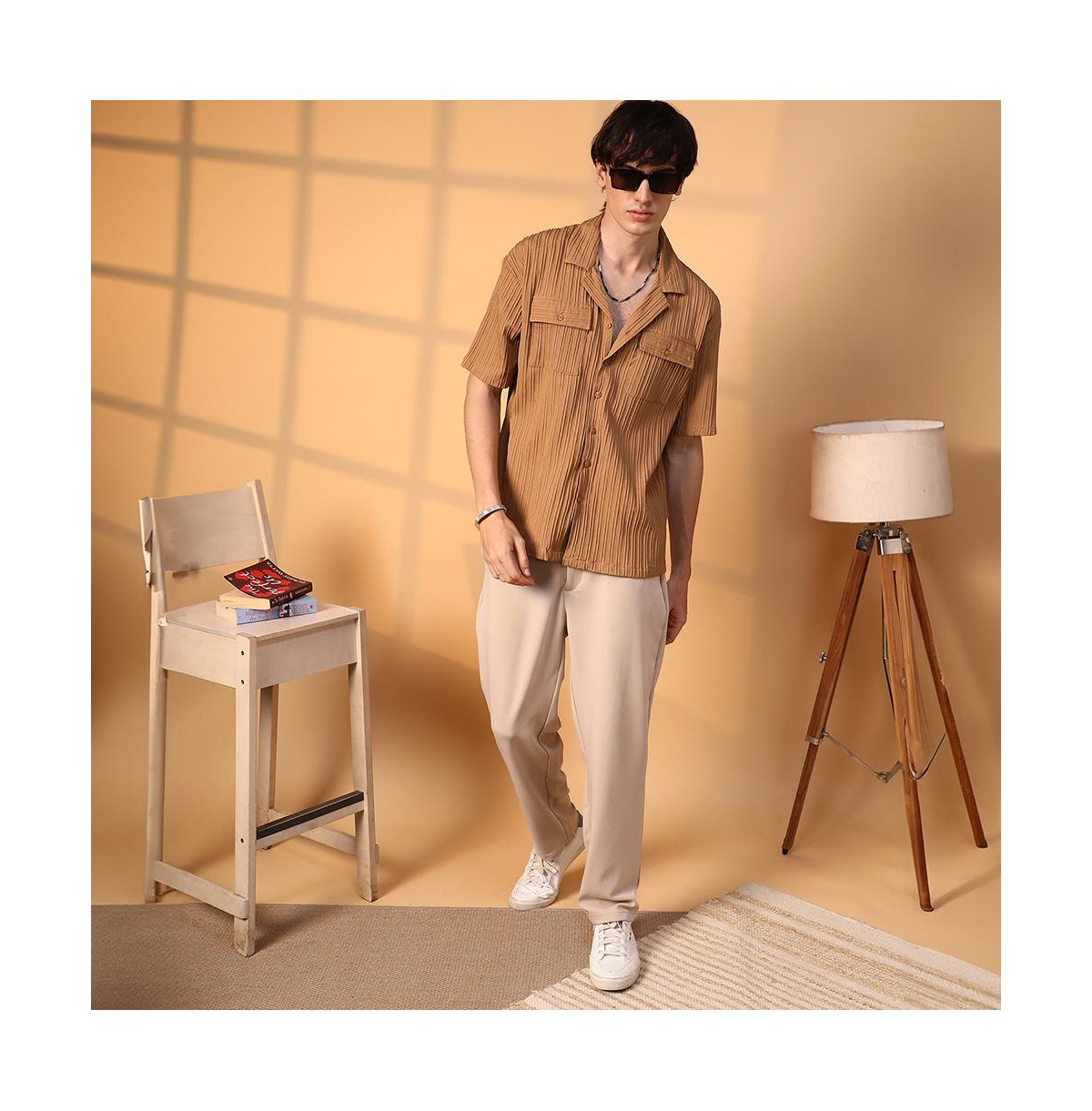 Campus Sutra Men's Camel Brown Tactile-Lined Oversized Shirt