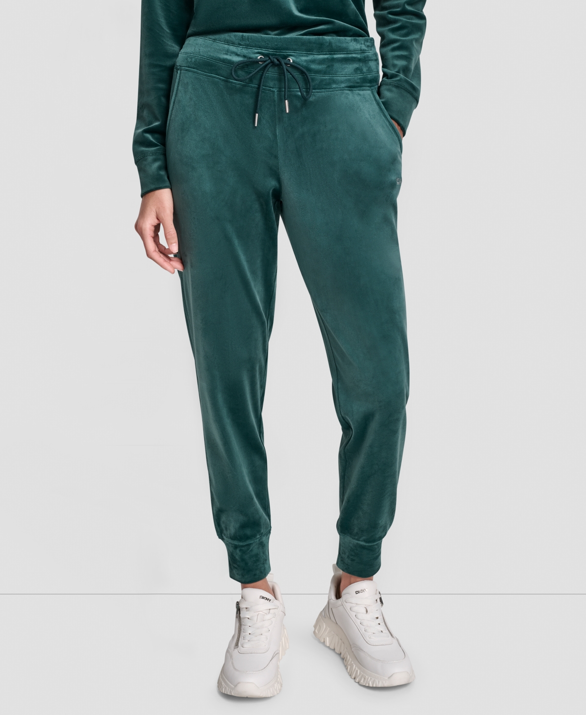 Dkny Women's Platinum Velour Rhinestone Logo Slim Fit Joggers In Green