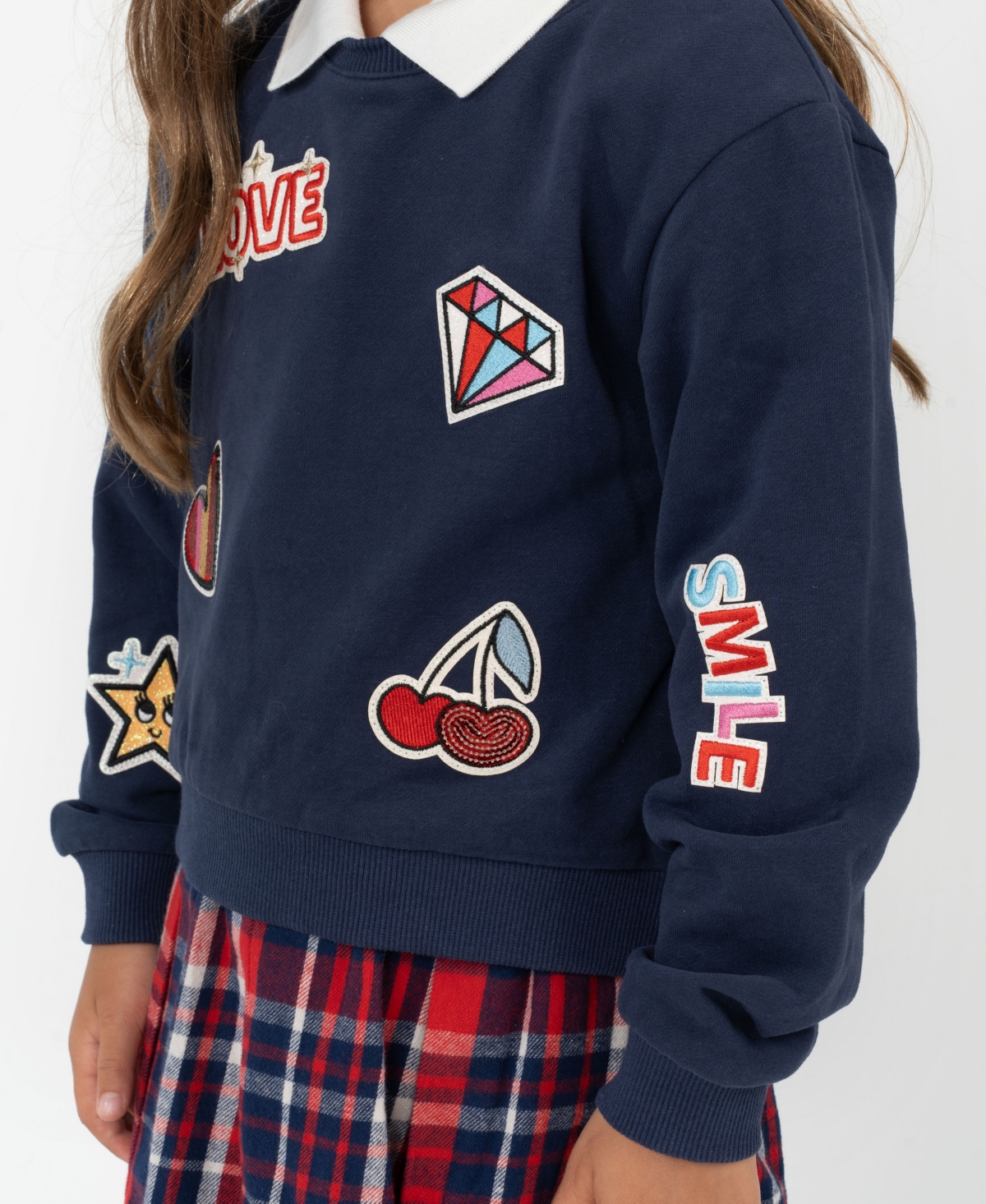 Rare Editions Little Girls Polo Collar & Plaid Skirt Dress with Patch-Covered Sweatshirt, 2 pc