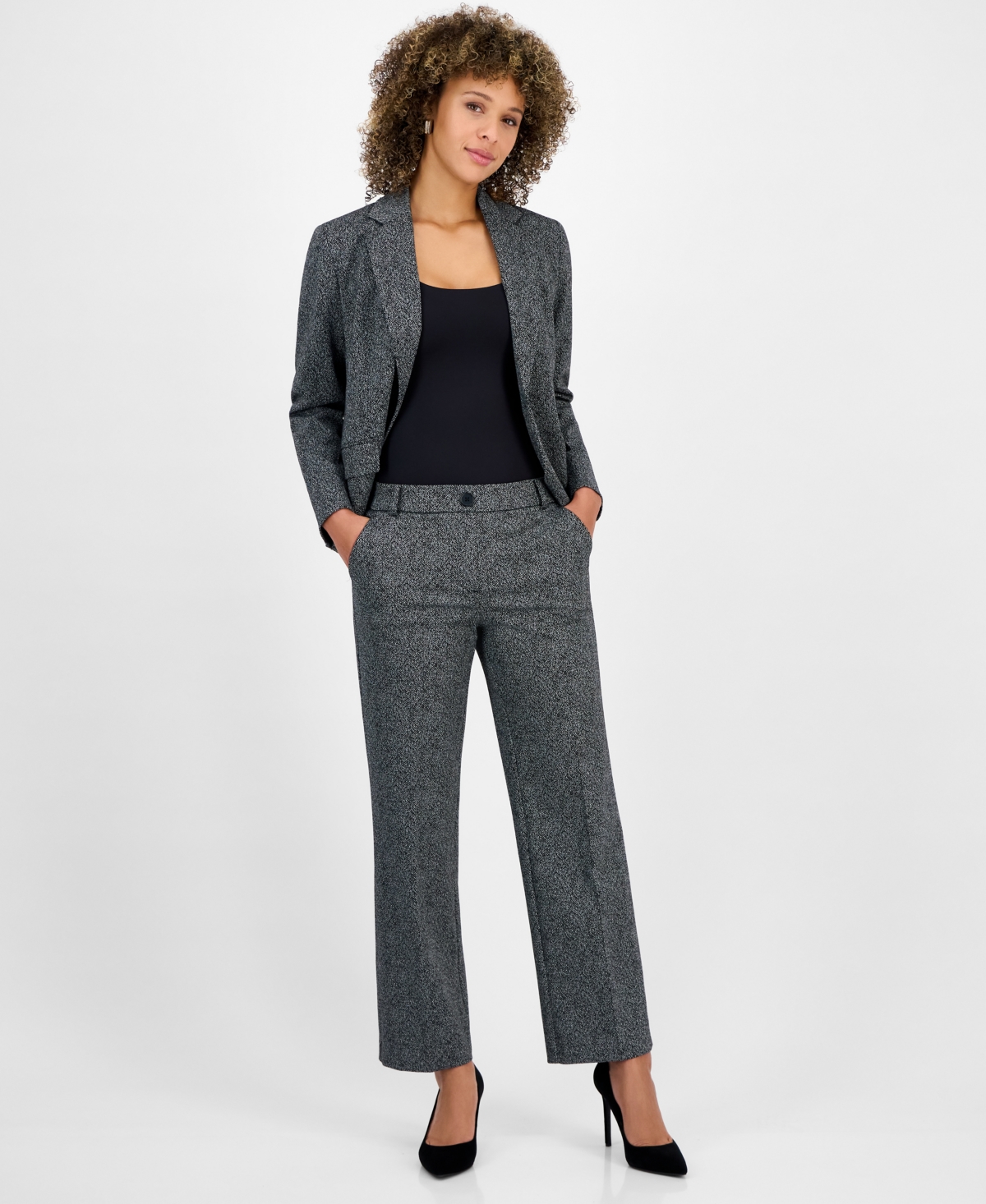 Kasper Petite Herringbone Fly-Front High-Rise Pants