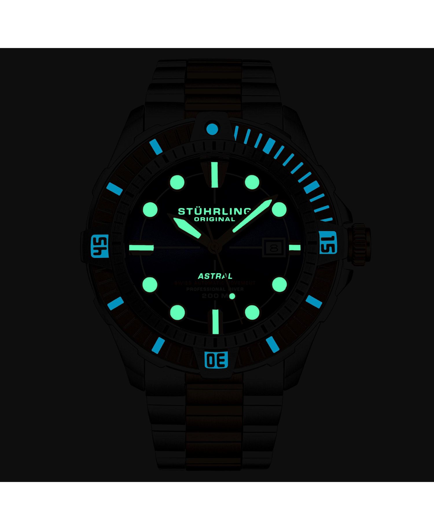 Men s Astral Diver 44mm Swiss Automatic Watch, Blue Dial, Two-Tone Rose Stainless Steel Bracelet, 200M Water Resistant